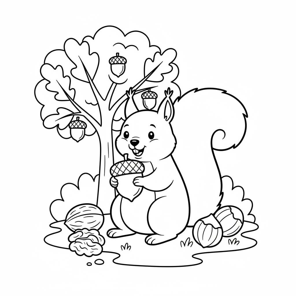 Free printable coloring page featuring a cute cartoon squirrel happily collecting and holding a large acorn nut, surrounded by autumn leaves, perfect for kids.
