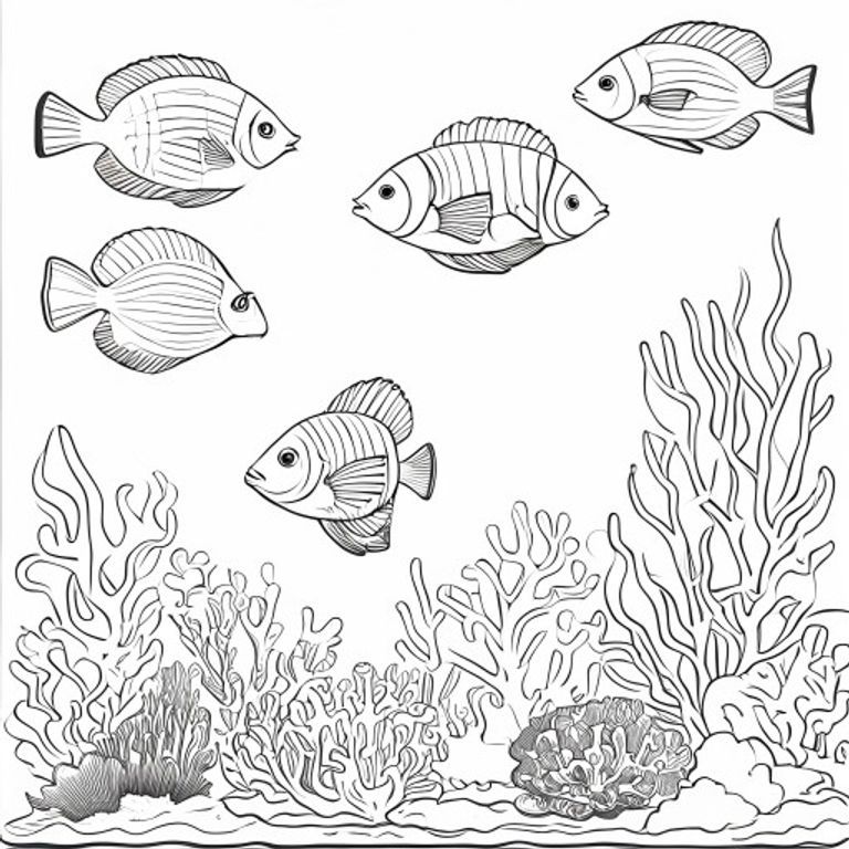 A free printable coloring page featuring various vibrant coral reef fish swimming amongst simple coral, designed for easy coloring by children.