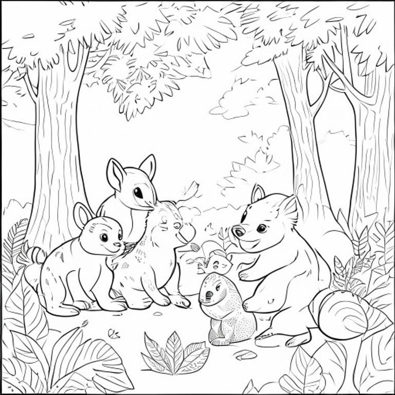 A delightful free printable coloring page showing various woodland creatures like a fox, rabbit, squirrel, and deer playing happily in a vibrant forest setting.