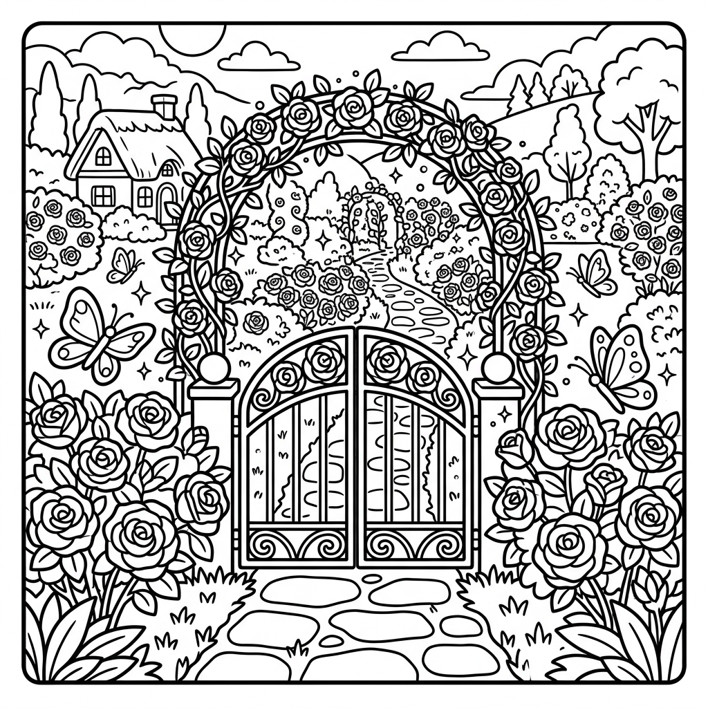 Enchanted Rose Garden coloring page for kids