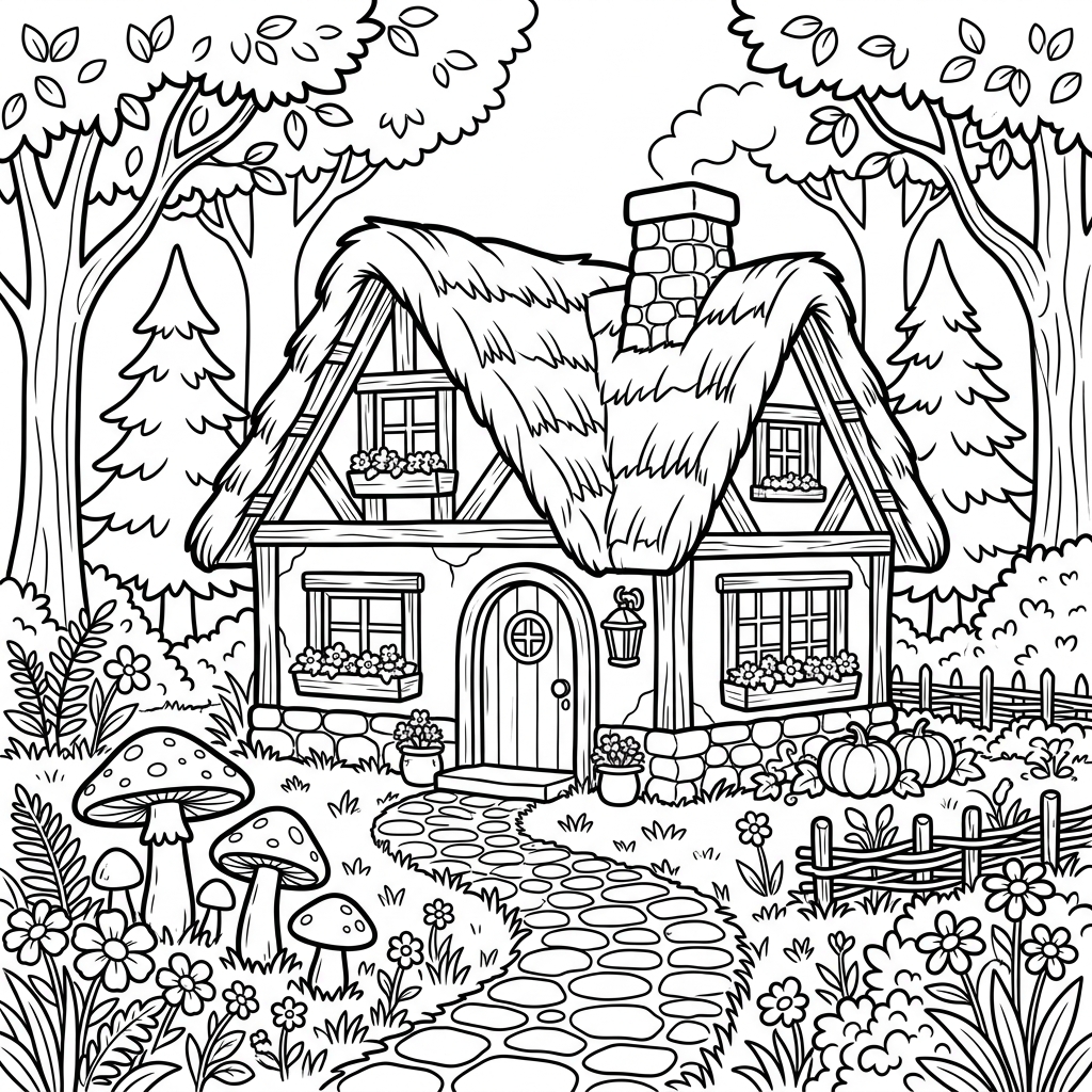 Fairy Tale Cottage Woods coloring page for kids