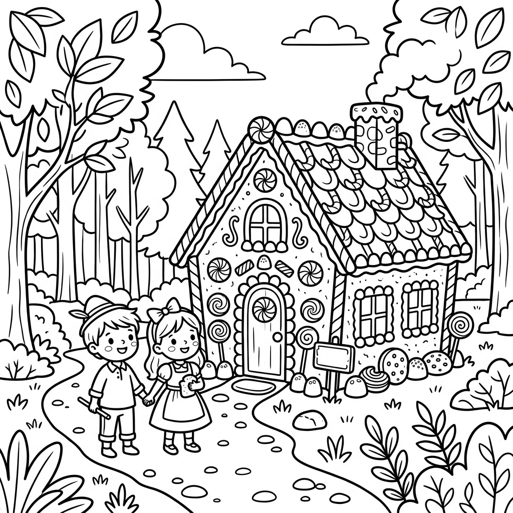 Hansel Gretel Candy House coloring page for kids
