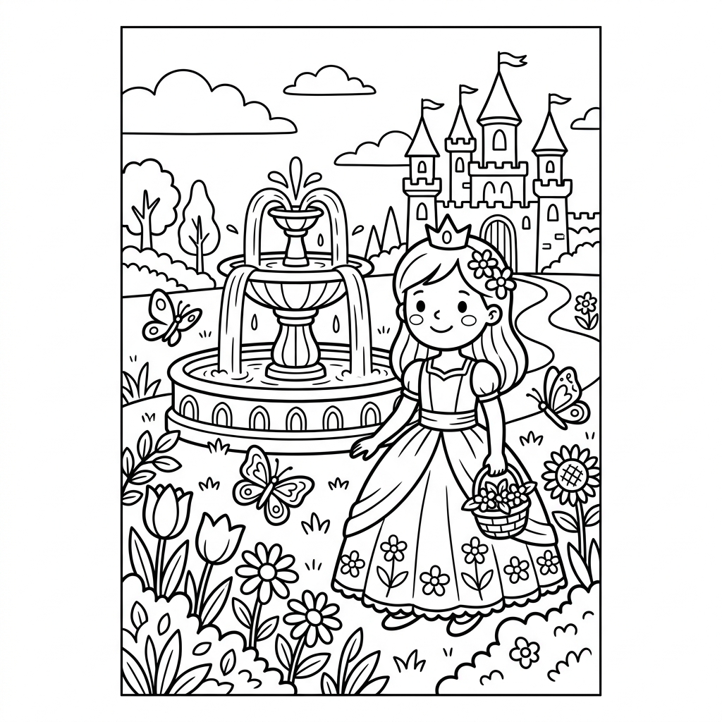 Princess Castle Garden coloring page for kids