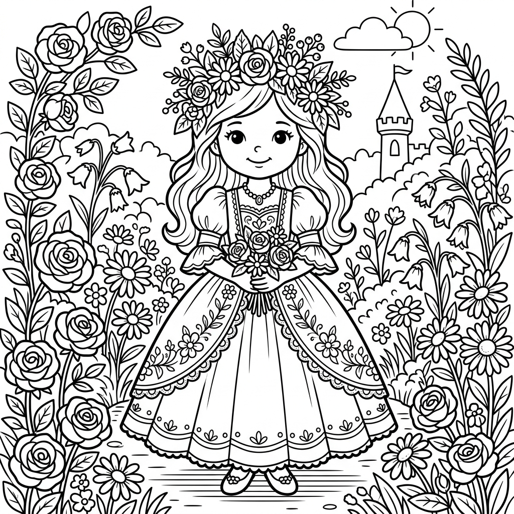 Princess Flower Crown coloring page for kids