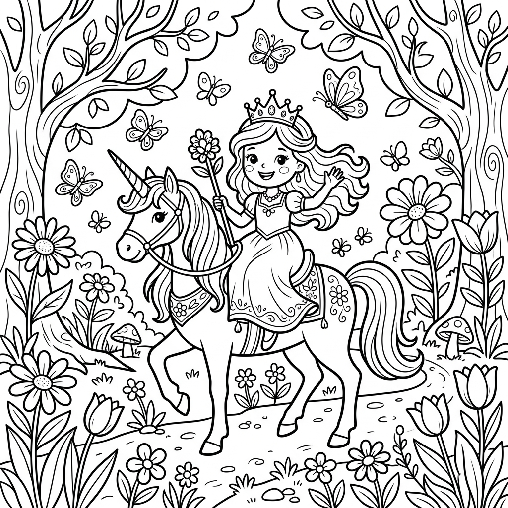 Princess Riding Unicorn coloring page for kids