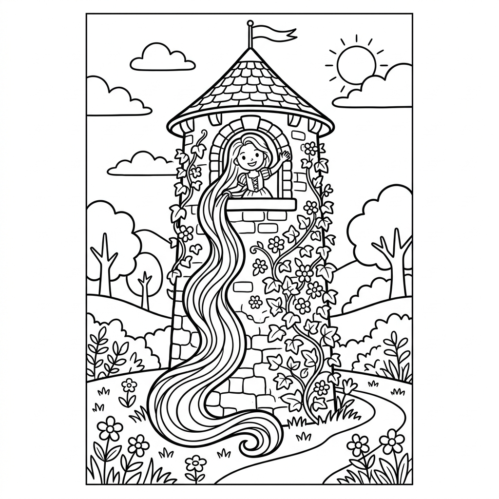 Rapunzel Tower Hair coloring page for kids
