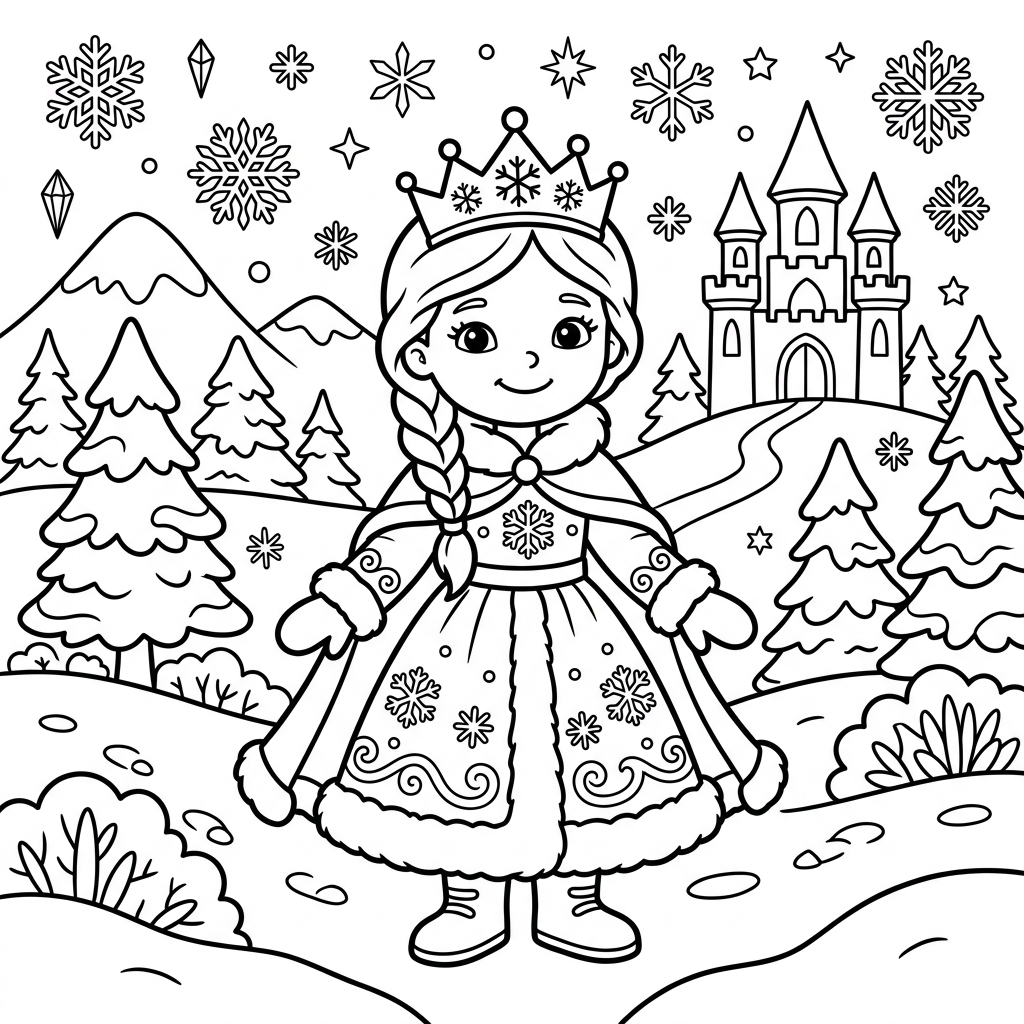 Snow Princess Winter coloring page for kids
