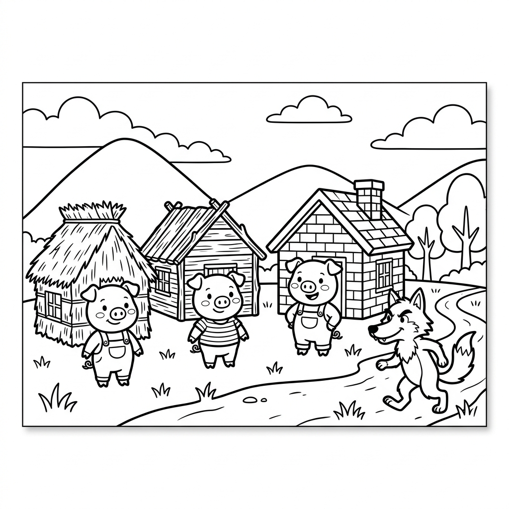 Three Little Pigs Houses coloring page for kids