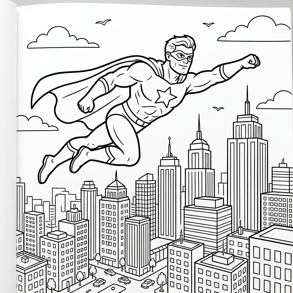 Brave Hero Flying City coloring page for kids
