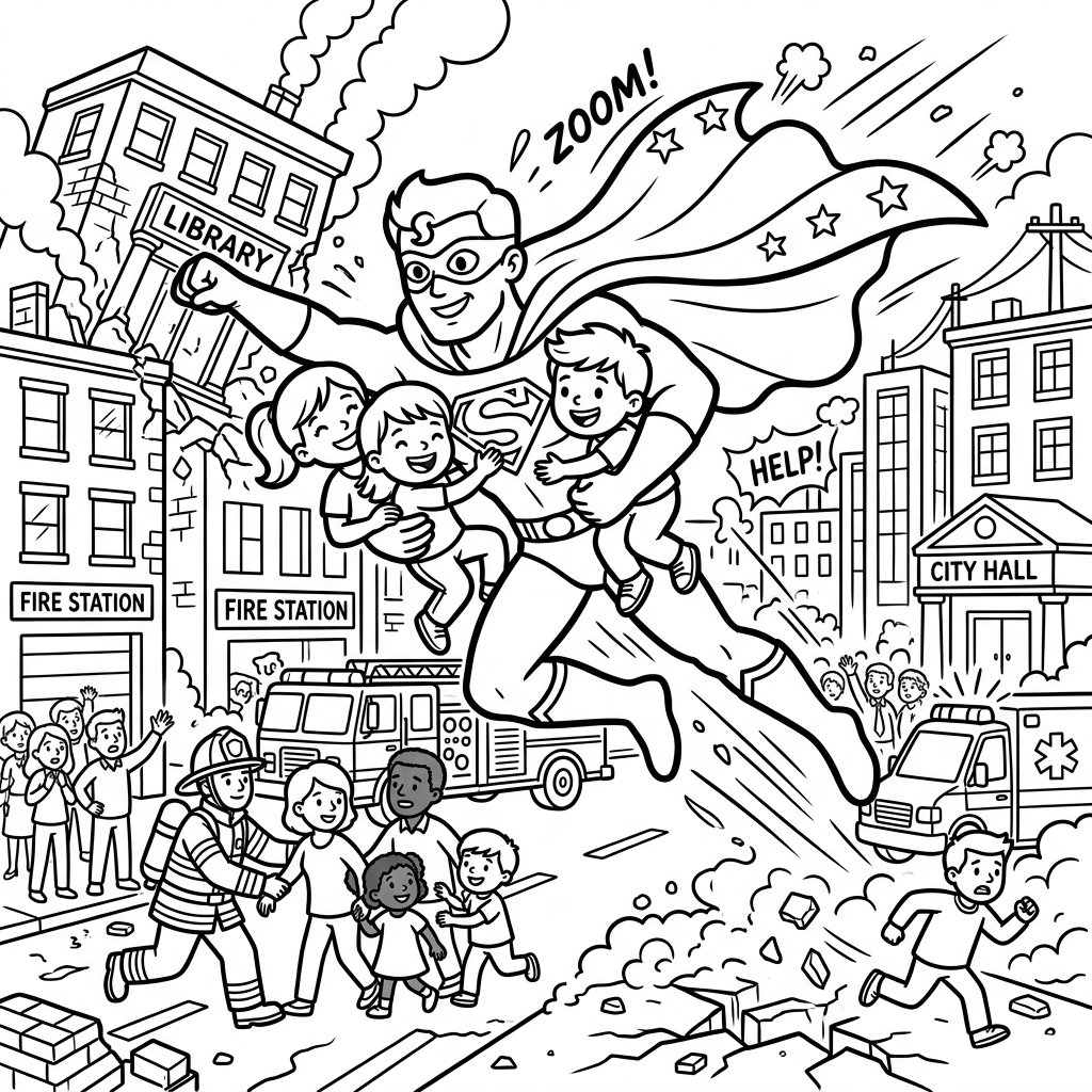 Cape Hero Rescue Scene coloring page for kids