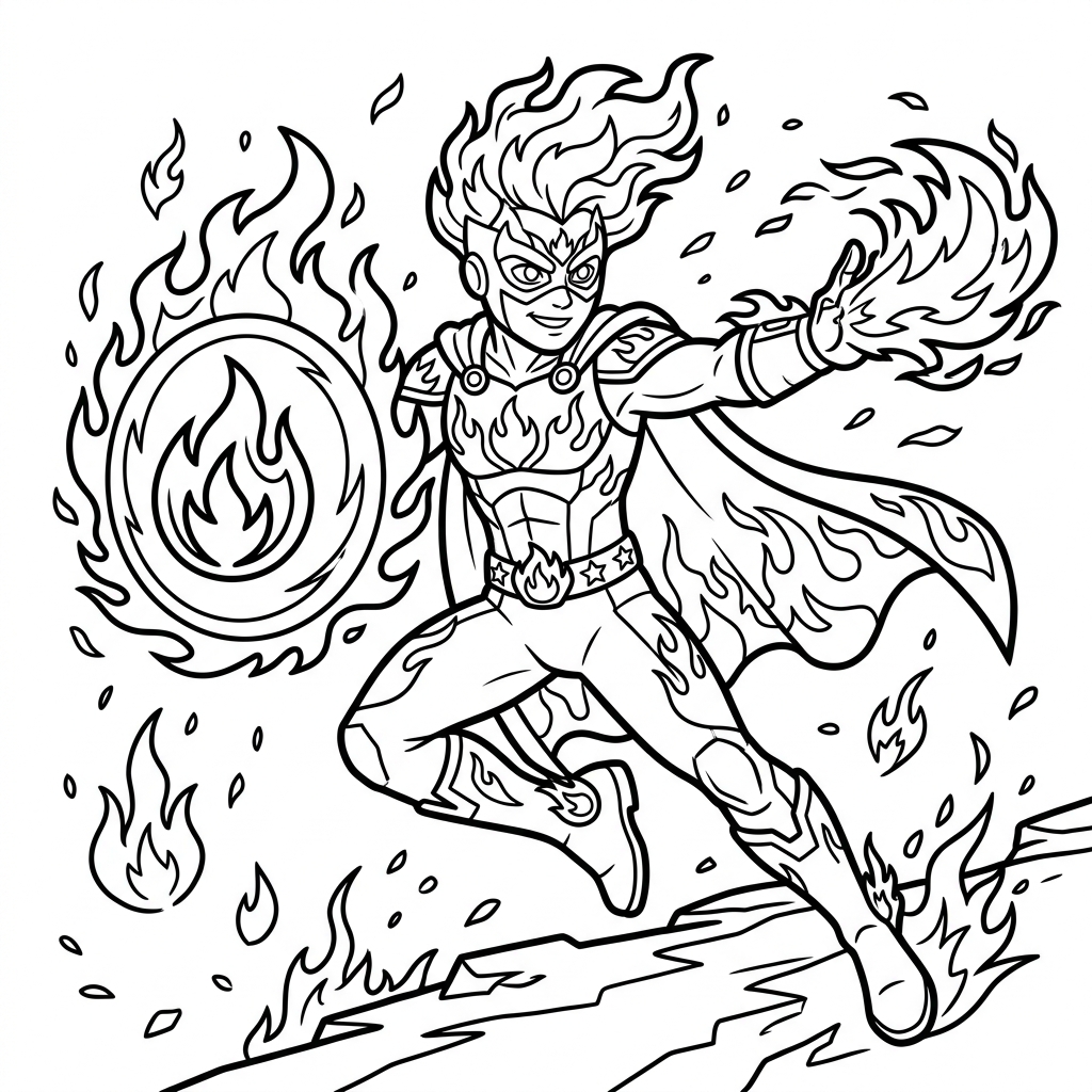 Fire Hero Flame Shield coloring page for kids