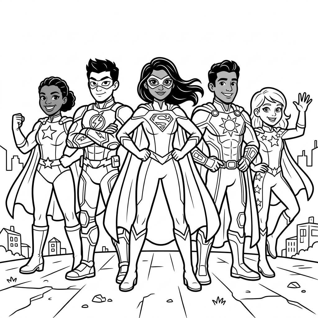 Hero Team Group Pose coloring page for kids
