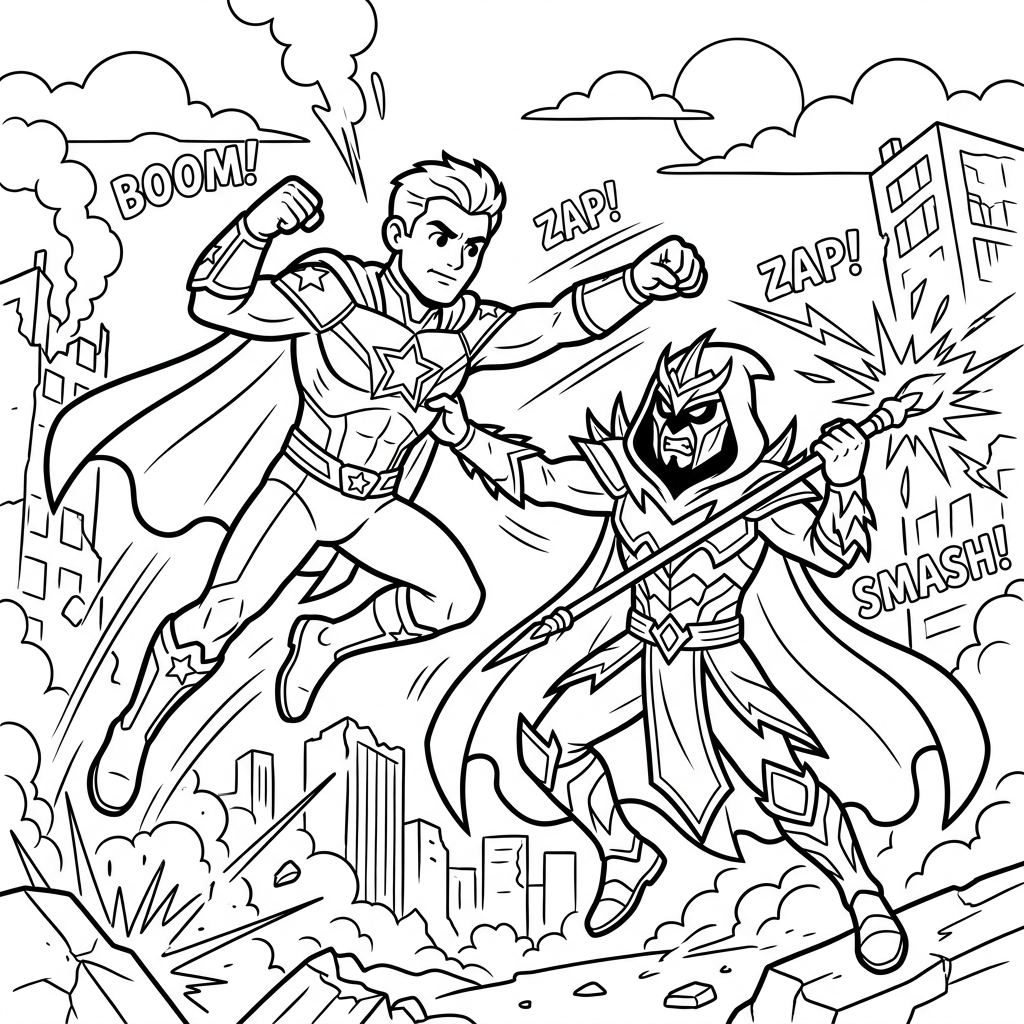 Hero Vs Villain Battle coloring page for kids