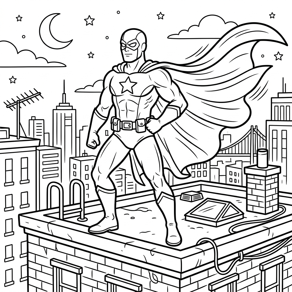 Masked Hero Rooftop coloring page for kids