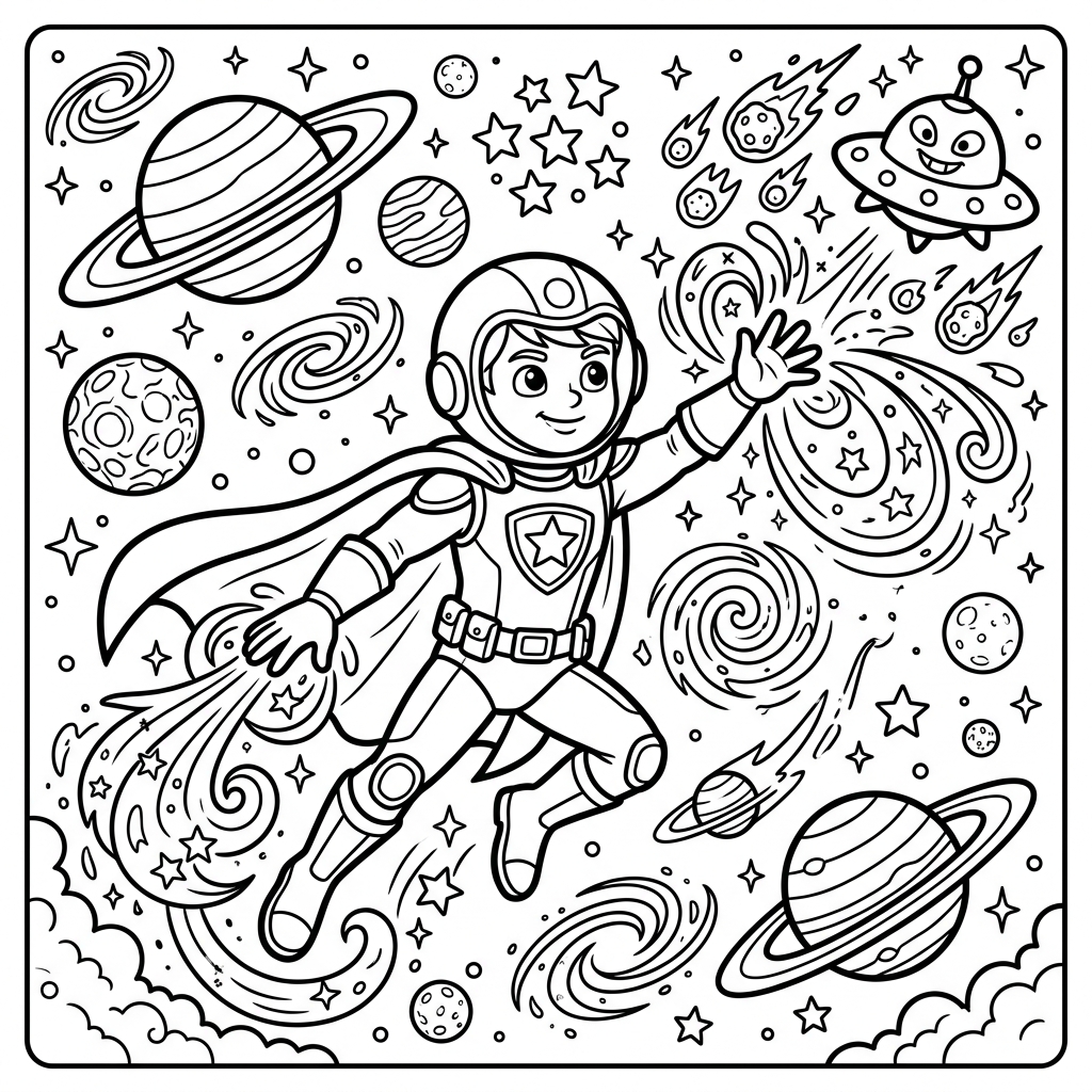 Space Hero Galaxy Defender coloring page for kids
