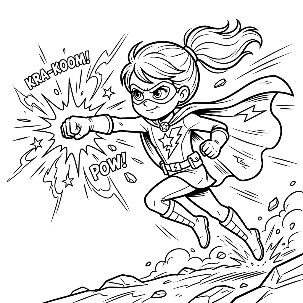 Super Girl Power Punch coloring page for kids